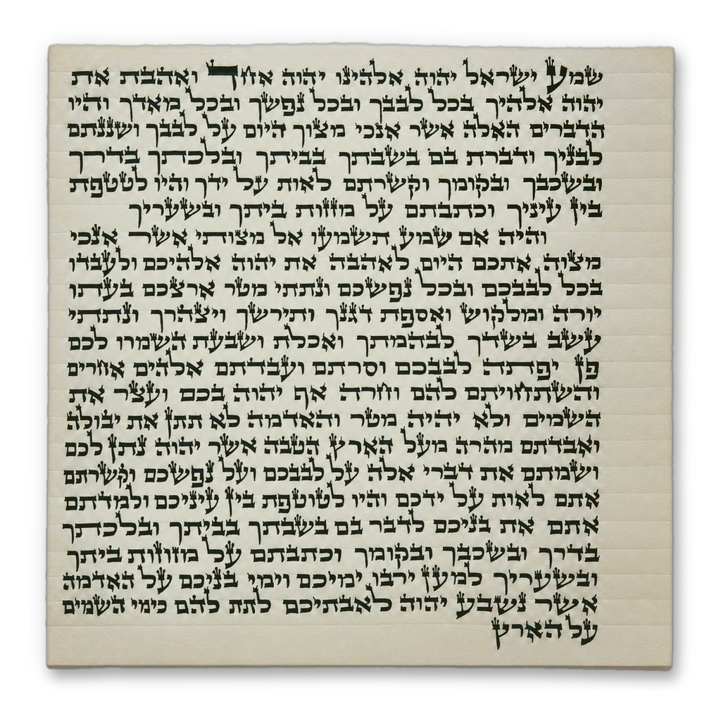 Handwritten Ashkenaz Beis Yosef mezuzah scroll on parchment, with the full Shema text in square ksav.